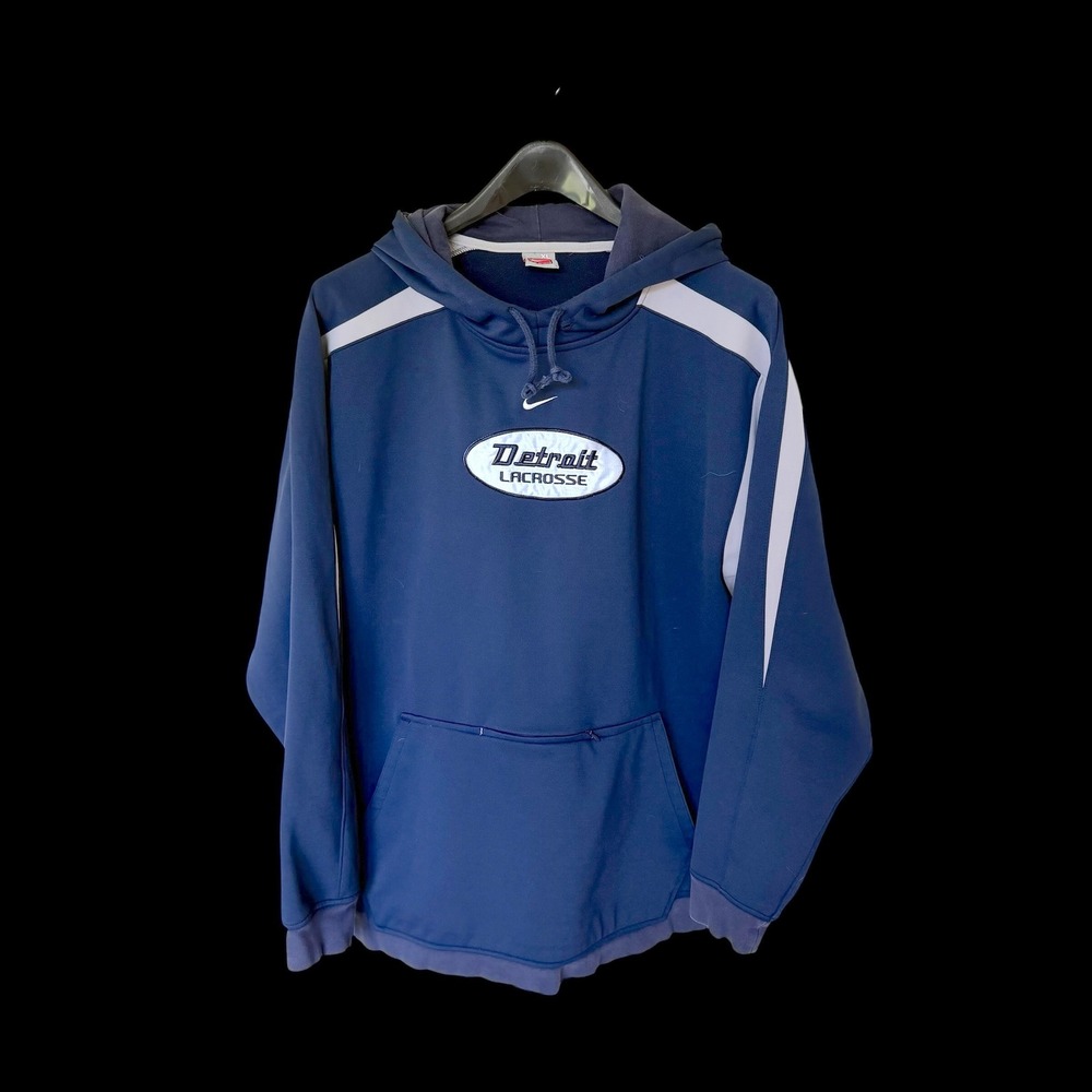 Y2K Nike Team Detroit Lacrosse Hoodie XL Blue‎ Center Swoosh Polyester